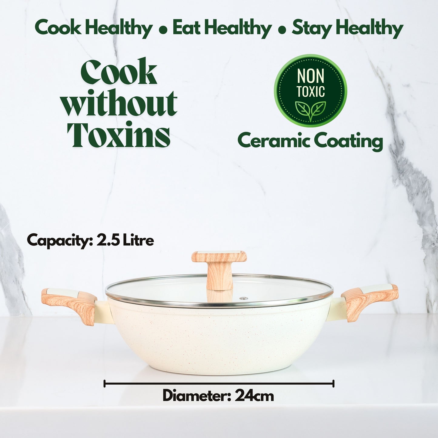 Ceracook Granite Ceramic Kadhai 24cm with Glass Lid