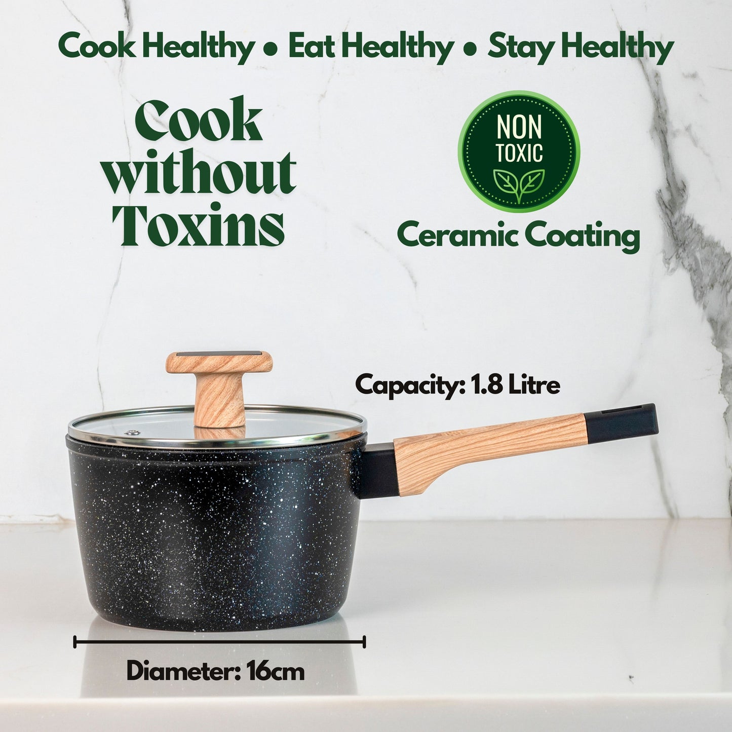 Ceracook Granite Ceramic Sauce Pan 16cm with Glass Lid
