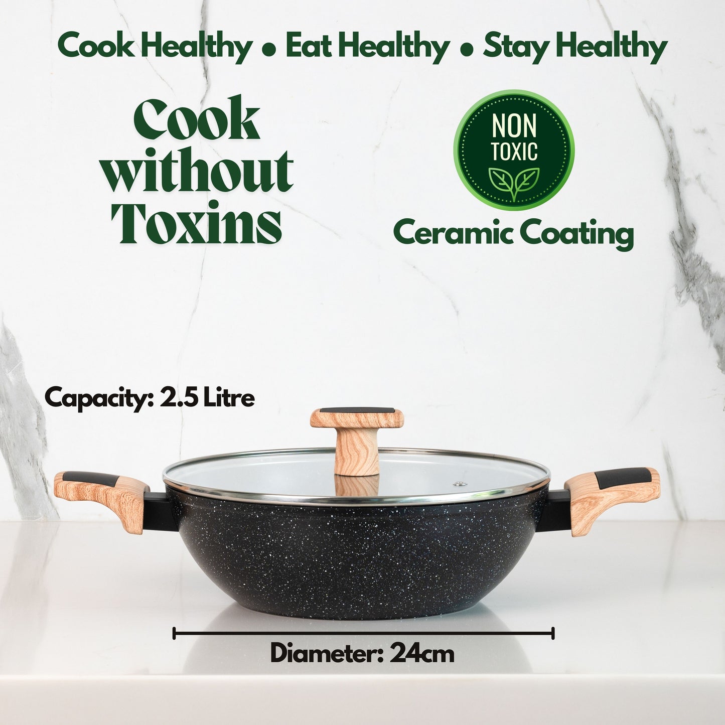Ceracook Granite Ceramic Kadhai 24cm with Glass Lid