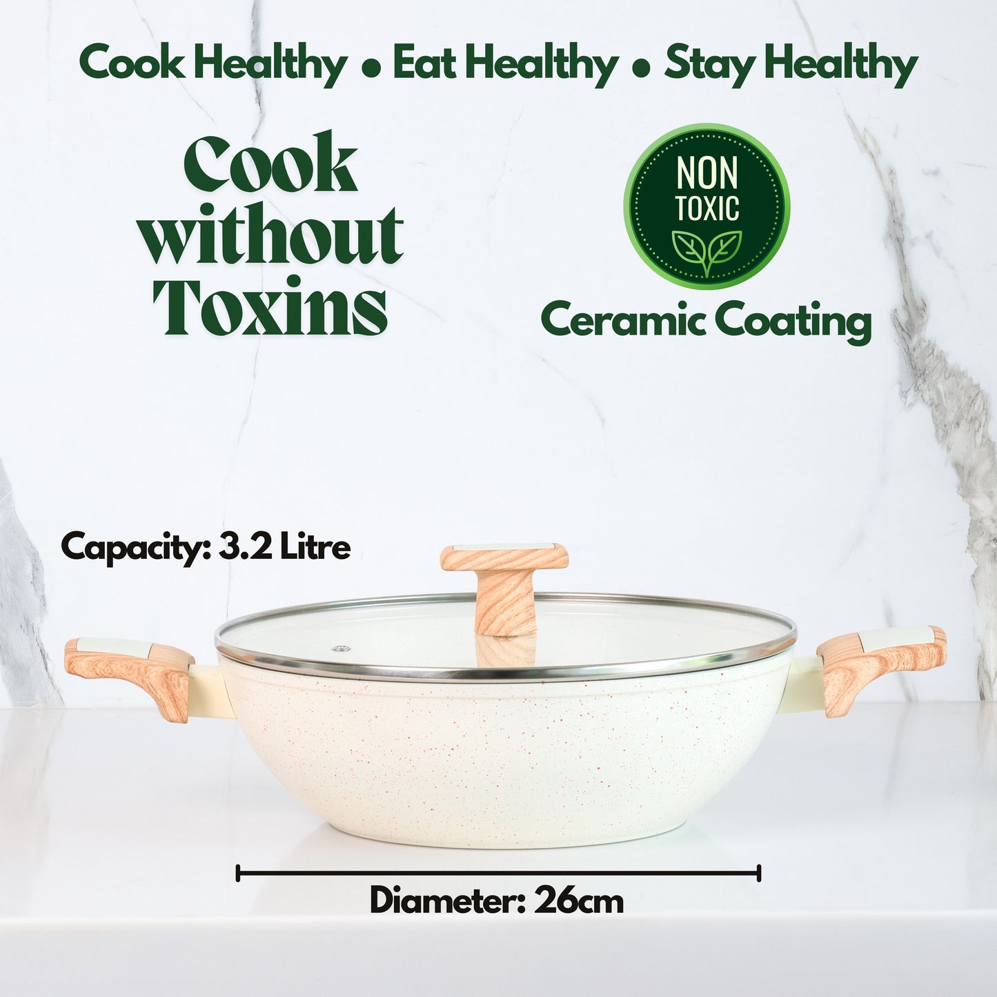 Ceracook Granite Ceramic Kadhai 26cm with Glass Lid