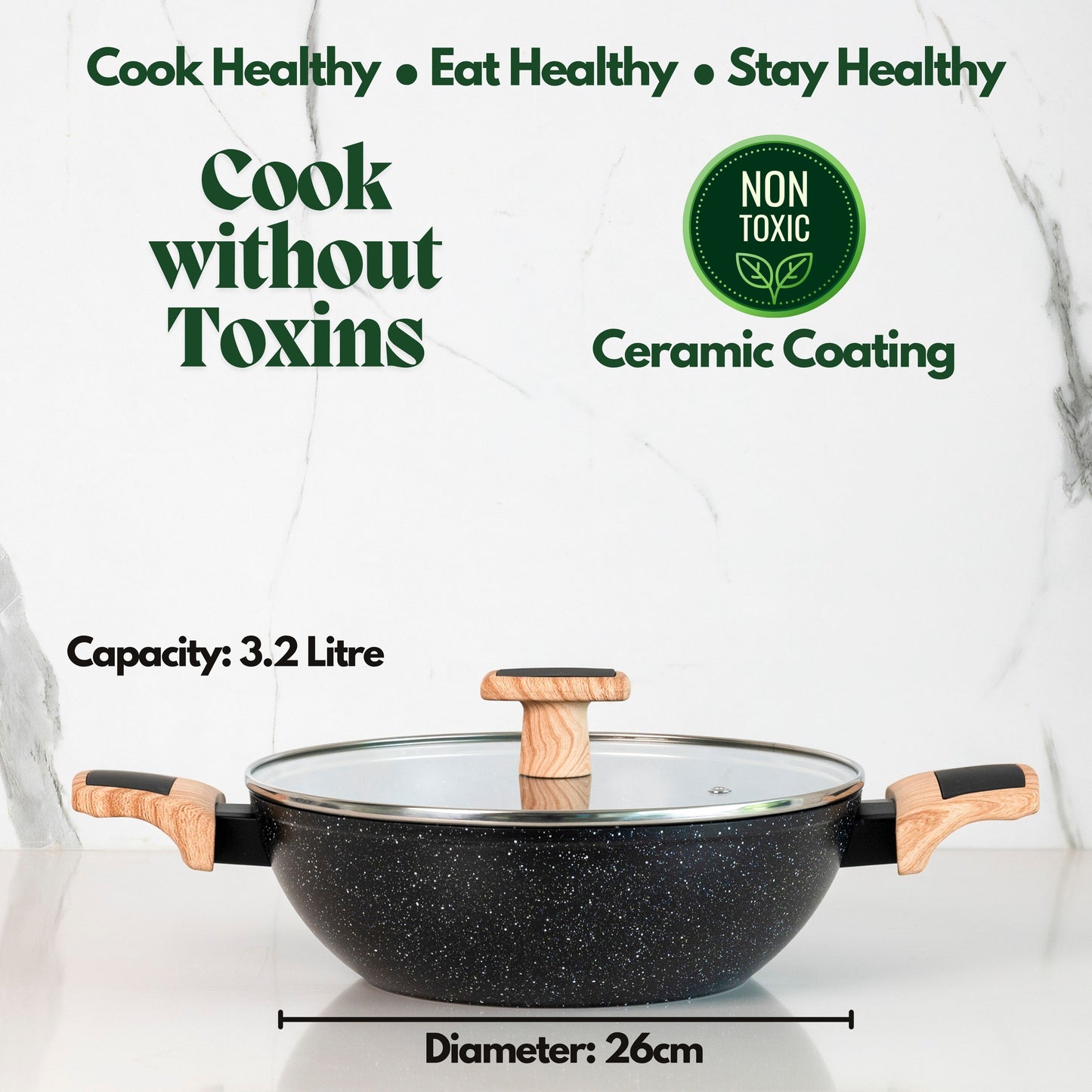Ceracook Granite Ceramic Kadhai 26cm with Glass Lid