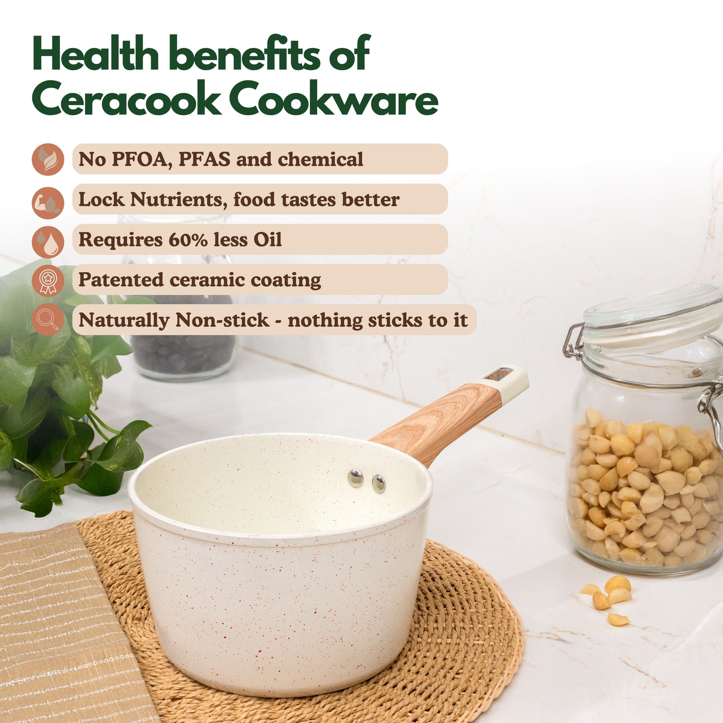 Ceracook Granite Ceramic Sauce Pan 16cm with Glass Lid