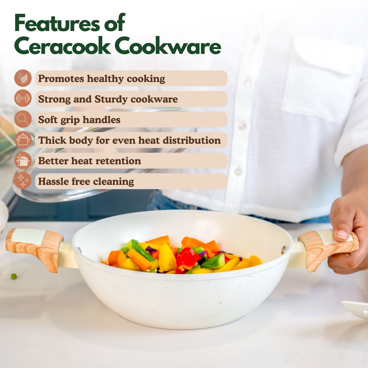 Ceracook Granite Ceramic Kadhai 26cm with Glass Lid