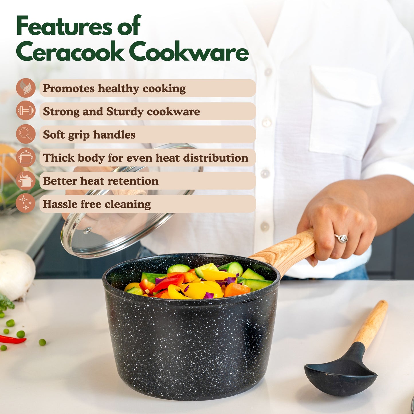 Ceracook Granite Ceramic Sauce Pan 16cm with Glass Lid