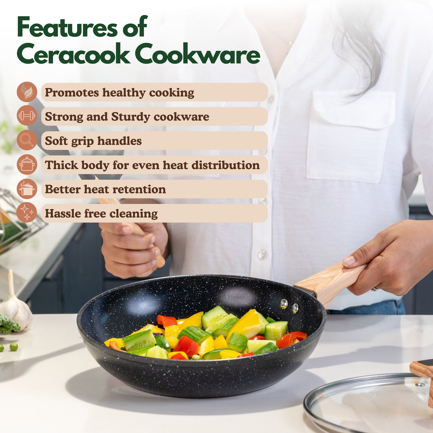 Ceracook Granite Ceramic Fry Pan 24cm with Glass Lid