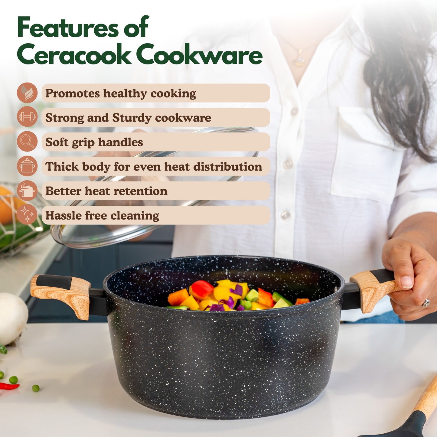 Ceracook Granite Ceramic Casserole 24cm with Glass Lid