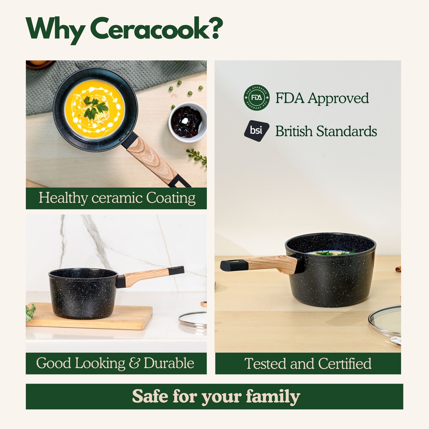 Ceracook Granite Ceramic Sauce Pan 16cm with Glass Lid