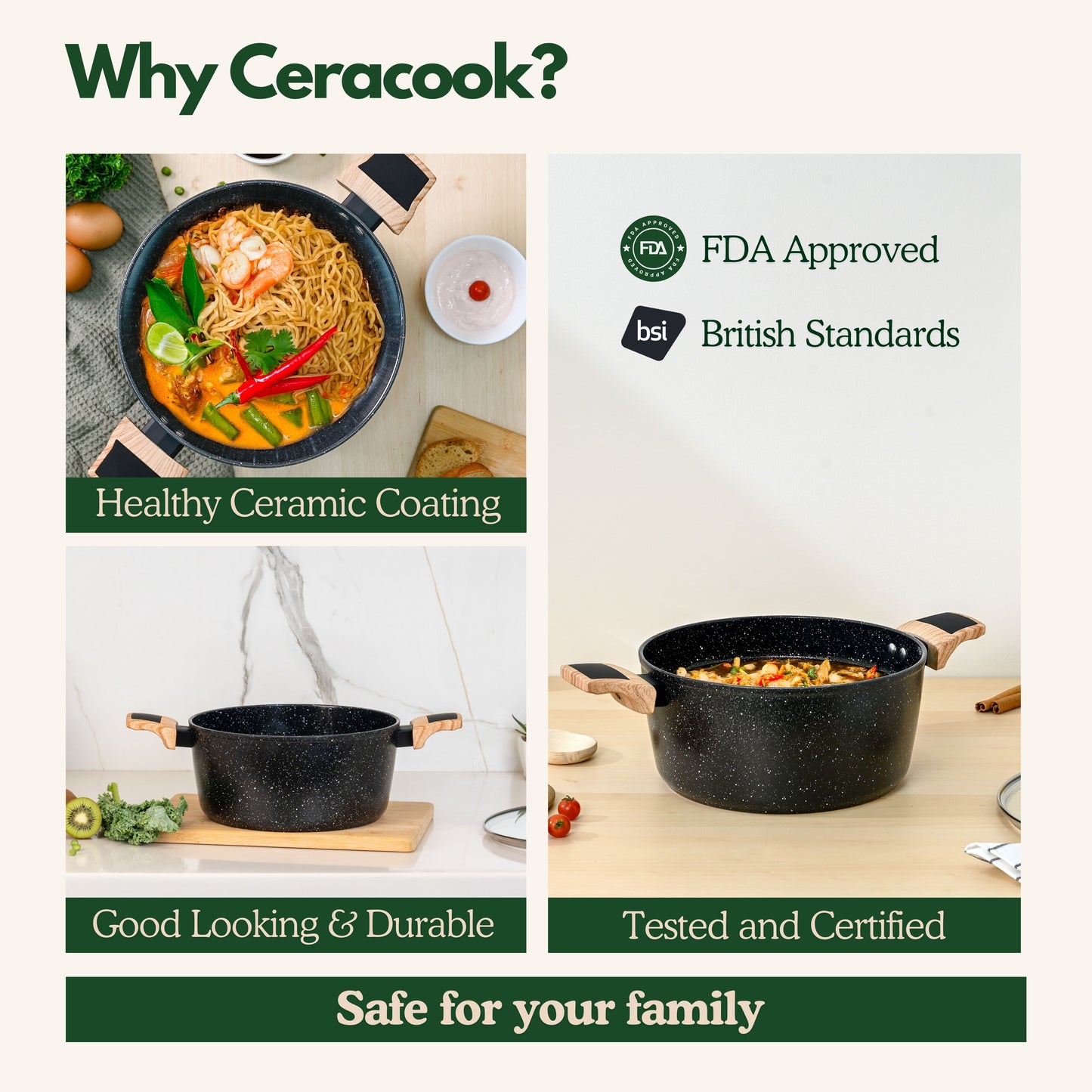 Ceracook Granite Ceramic Casserole 24cm with Glass Lid