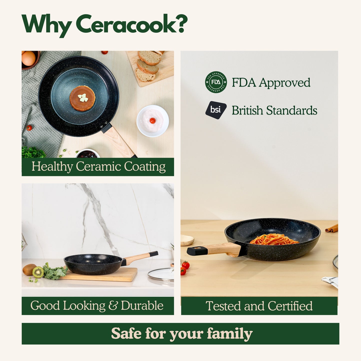 Ceracook Granite Ceramic Fry Pan 24cm with Glass Lid