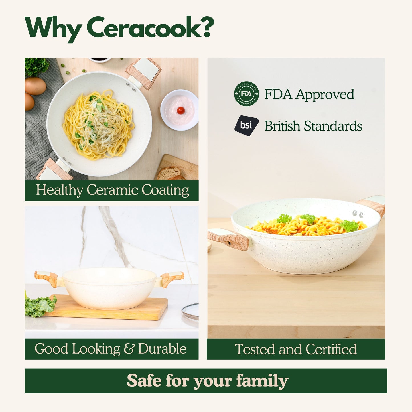 Ceracook Granite Ceramic Kadhai 26cm with Glass Lid