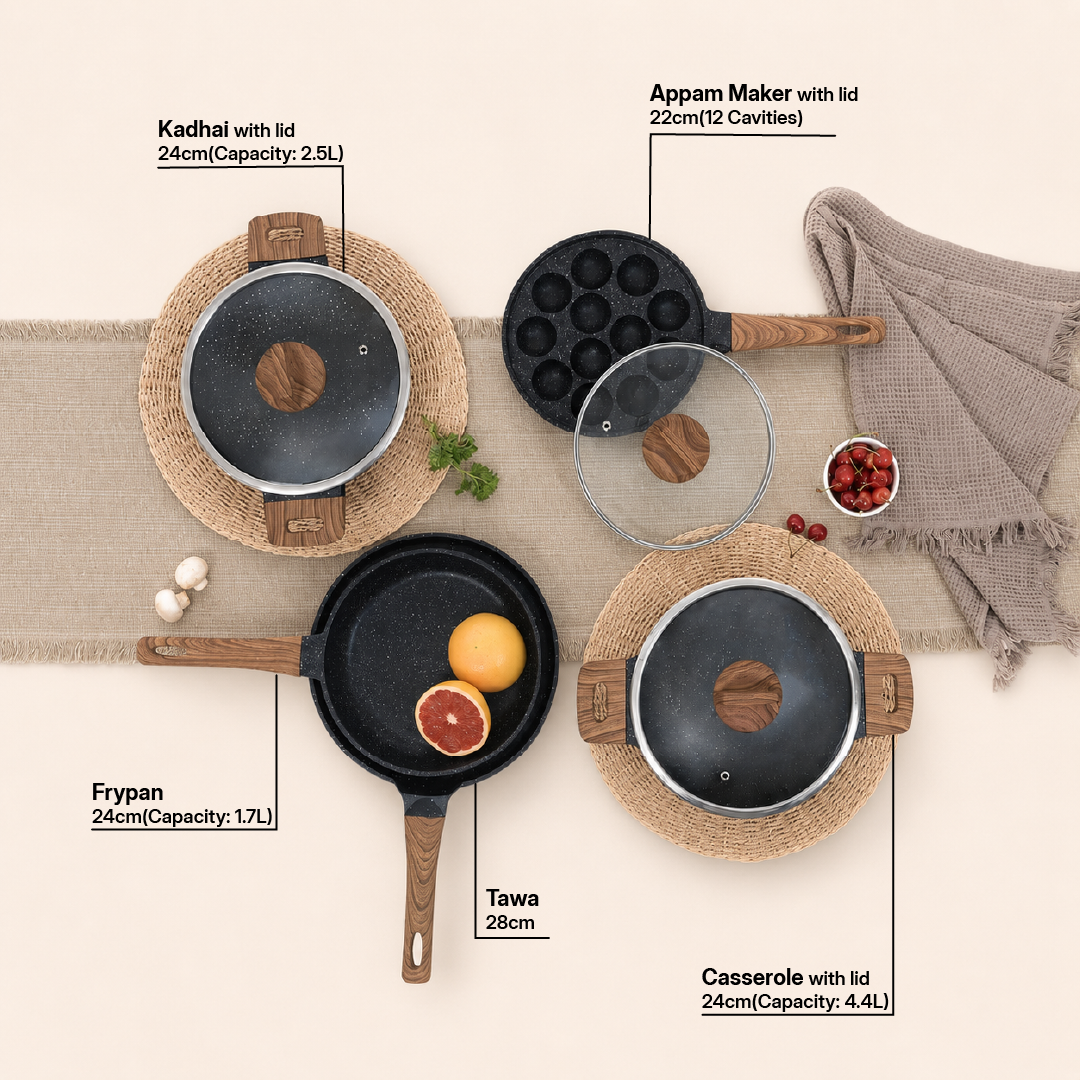 Kreme CeraStone Ultra Granite Nonstick Cookware Set 10 pcs, Wooden Spoons, Kadai 2.5L, Casserole Pot 4.4L, Frying Pan 1.7L, Flat Tawa, Appam Pan 12
