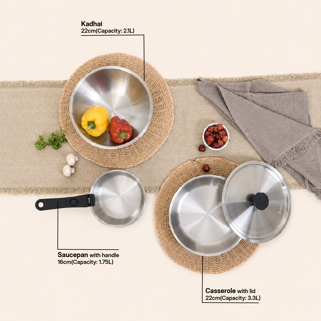 TriClad Cookware Set of 7pcs, Kadai 2.1L, Sauce Pan 1.75 L, Casserole 3.3L, 1 Handle, 1 Lid, 2 Spoons