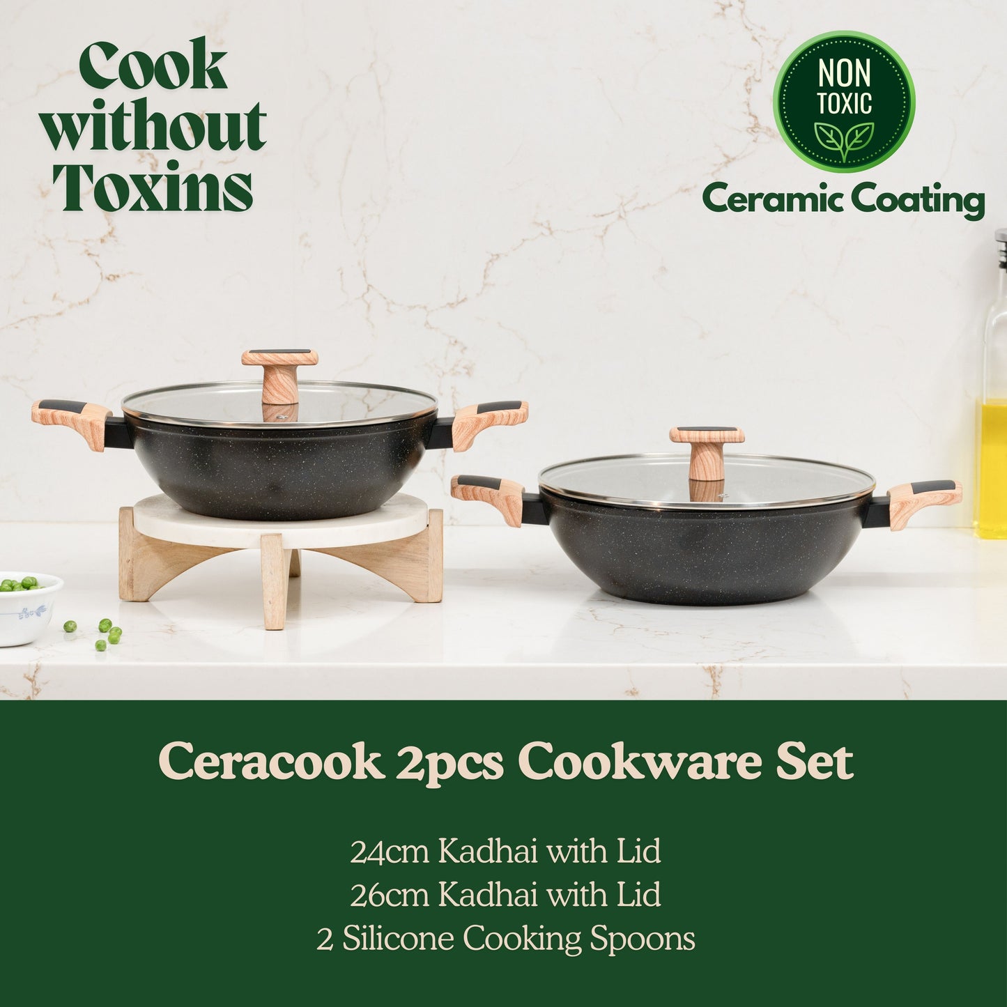 Ceracook Granite Ceramic Kadhai Cookware Set of 2pcs