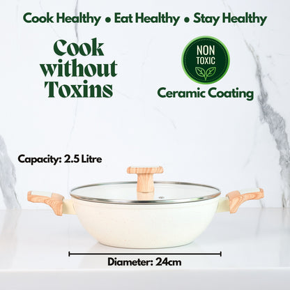 Ceracook Granite Ceramic Kadhai 24cm with Glass Lid