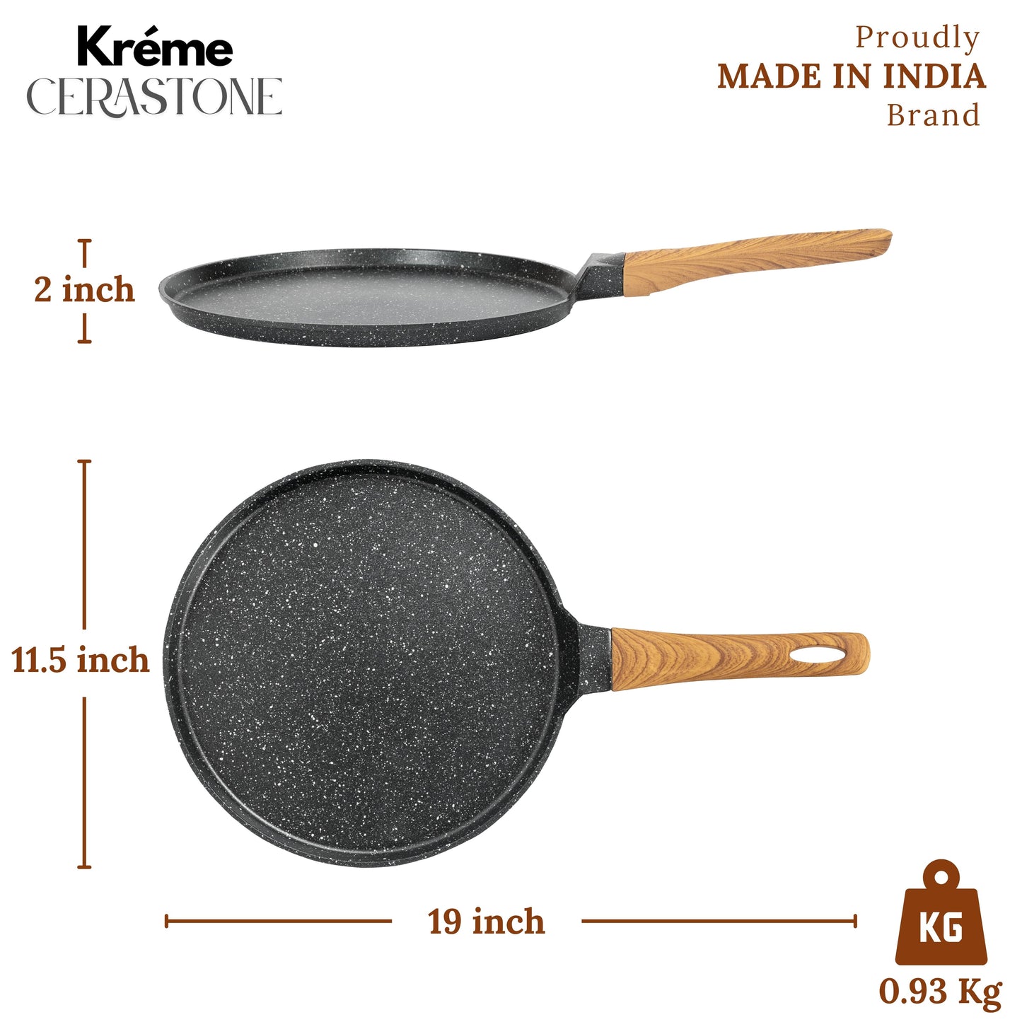 Kreme Cerastone Ultra Granite Nonstick Tawa with Wooden Handle, 11.5 Inch, 28cm