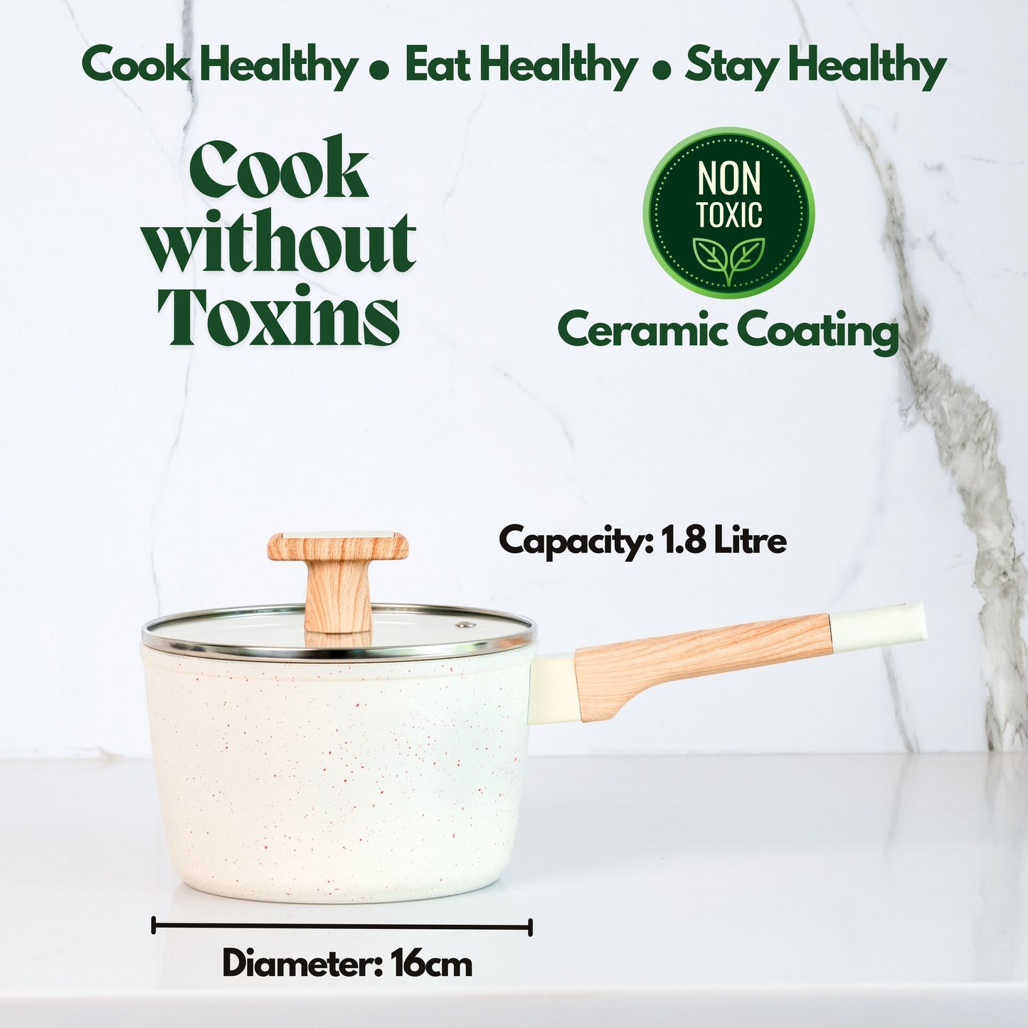 Ceracook Granite Ceramic Sauce Pan 16cm with Glass Lid