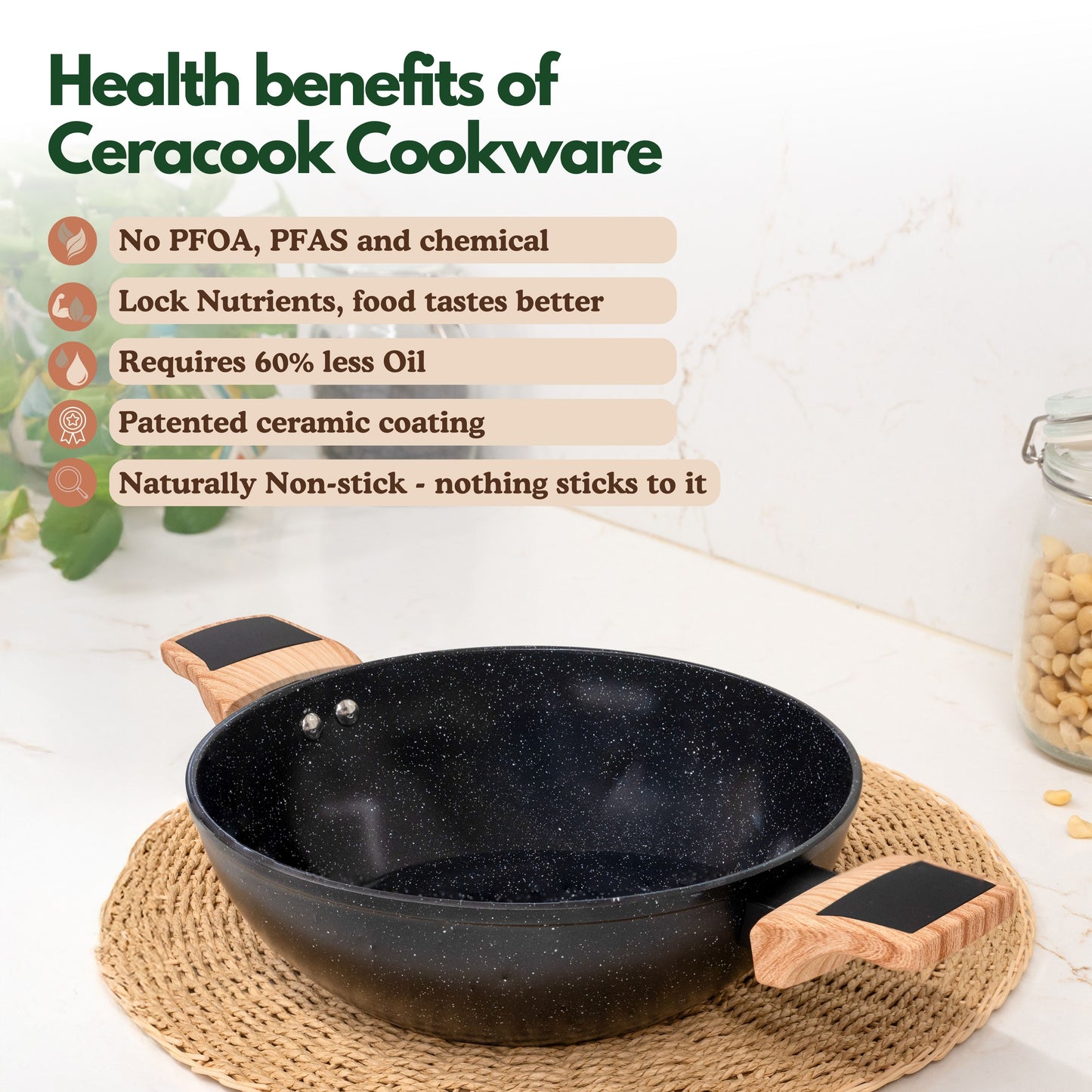Ceracook Granite Ceramic Kadhai 24cm with Glass Lid