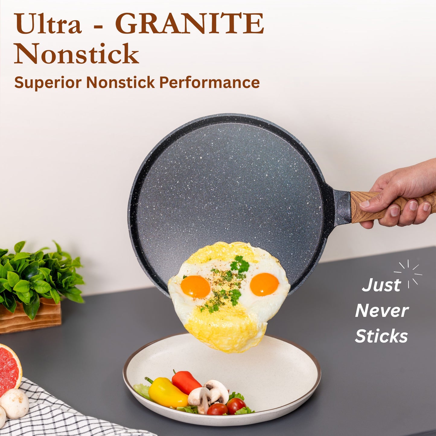 Kreme Cerastone Ultra Granite Nonstick Tawa with Wooden Handle, 11.5 Inch, 28cm