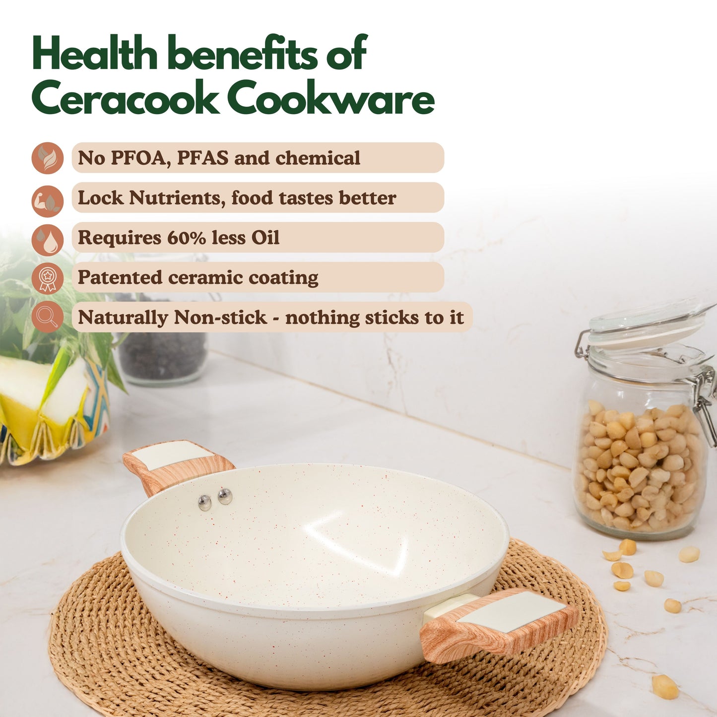 Ceracook Granite Ceramic Kadhai 24cm with Glass Lid