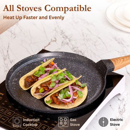 Kreme Cerastone Ultra Granite Nonstick Tawa with Wooden Handle, 11.5 Inch, 28cm
