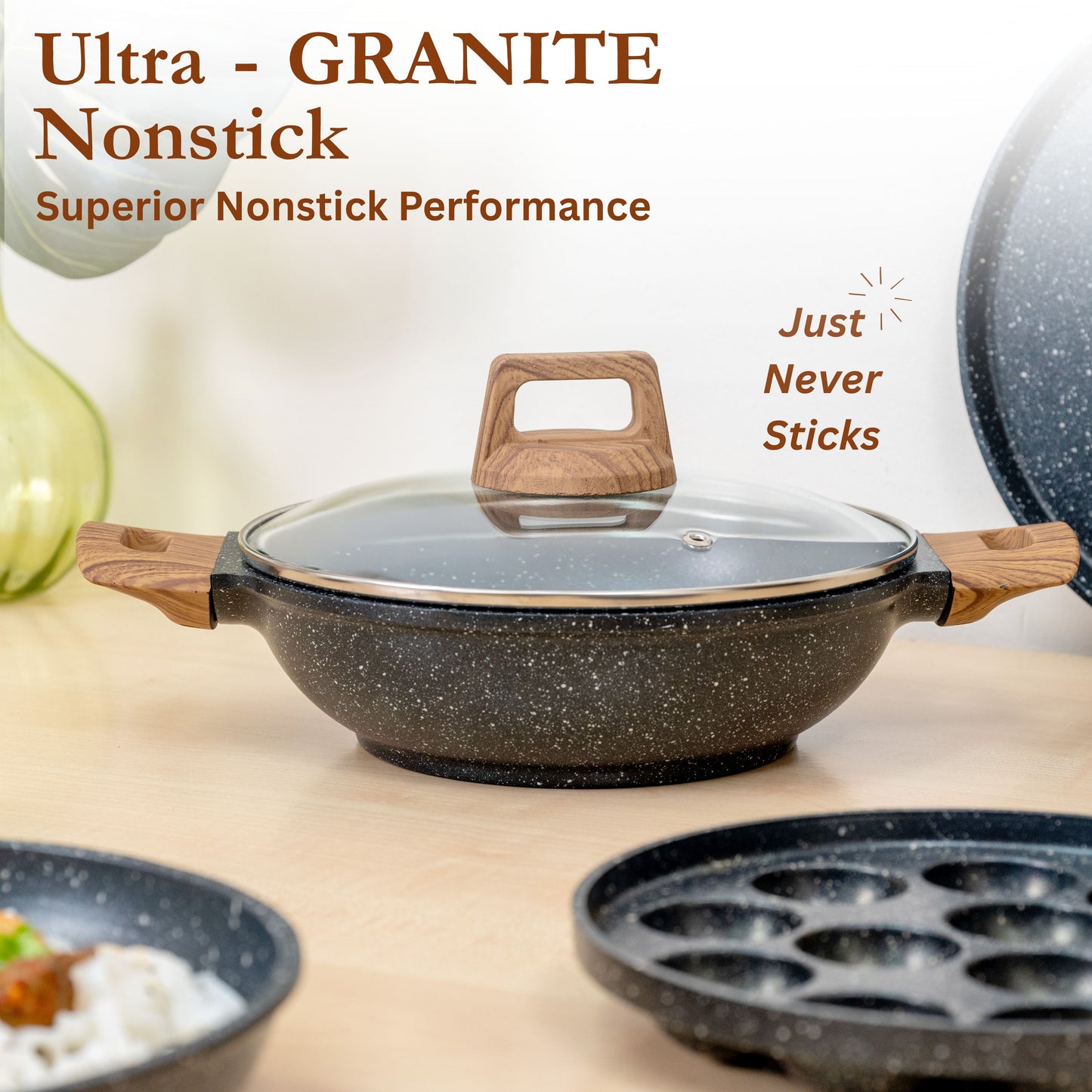 Kreme CeraStone Ultra Granite Nonstick Cookware Set 5 Pieces, Frying Pan 1.7L, Kadai 2.5L, Glass Lid and Wooden Cooking Spoons