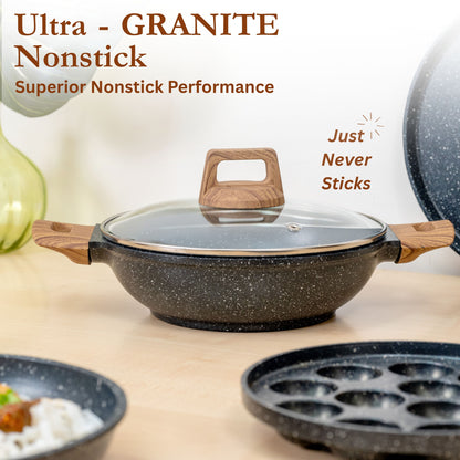 Kreme CeraStone Ultra Granite Nonstick Cookware Set 5 Pieces, Frying Pan 1.7L, Kadai 2.5L, Glass Lid and Wooden Cooking Spoons