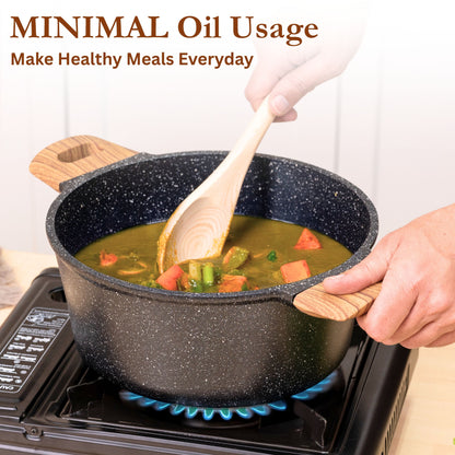 Kreme CeraStone Ultra Granite Nonstick Cookware Set 5 Pieces, Frying Pan 1.7L, Kadai 2.5L, Glass Lid and Wooden Cooking Spoons