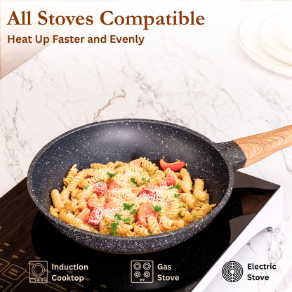 Kreme CeraStone Ultra Granite Nonstick Cookware Set 5 Pieces, Frying Pan 1.7L, Kadai 2.5L, Glass Lid and Wooden Cooking Spoons