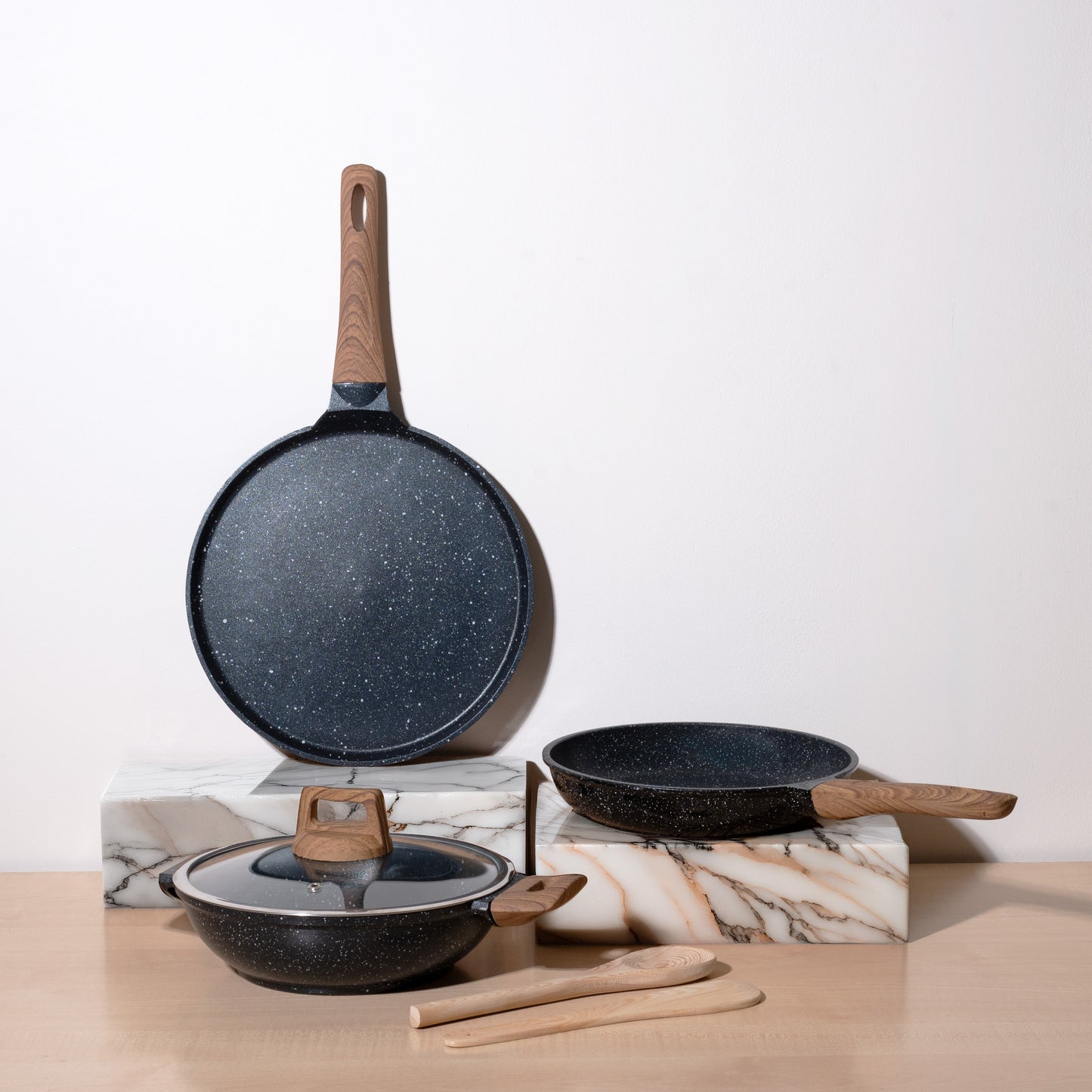 Kreme CeraStone Ultra Granite Nonstick Cookware Set 6 Pieces, Kadai 2.5L, Frying Pan 1.7L, 28cm Flat Tawa, Glass Lid, 2 Cooking Spoons