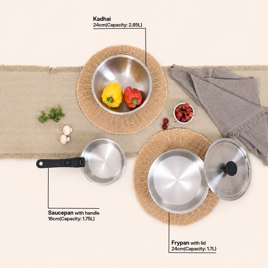 TriClad Cookware Set of 7pcs, Kadhai 2.85L, Frypan 2L, Saucepan 1.75L, 1 Handle, 2 Spoons