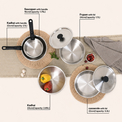 TriClad Cookware Set of 11pcs, Kadai 2.1L, Kadai 2.85L, Fry Pan 2 L, Sauce Pan 1.75 L, Casserole 3.3L, 2 Handle, 2 Lid, 2 Cooking Spoon